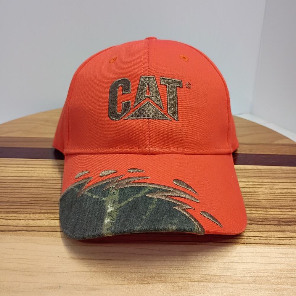 Caterpillar Trucker Hat Burnt Orange CAT Logo Camouflage New NWOT Saw Blade